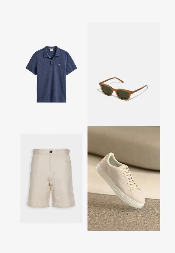 Mørkeblå kortærmet polo med krave, to-knaps stolpelukning og lille broderet logo på venstre bryst.; Selected SLHCOMFORT - Shorts - oatmeal; Beige ruskinds sneakers med hvid sål og snørebånd, vist svævende over tekstureret beige tæppe mod en blød beige baggrund.; Brune acetat solbriller med mørkegrønne linser, rektangulær form og guld accenter på stængerne. Glat struktur, minimalistisk design.