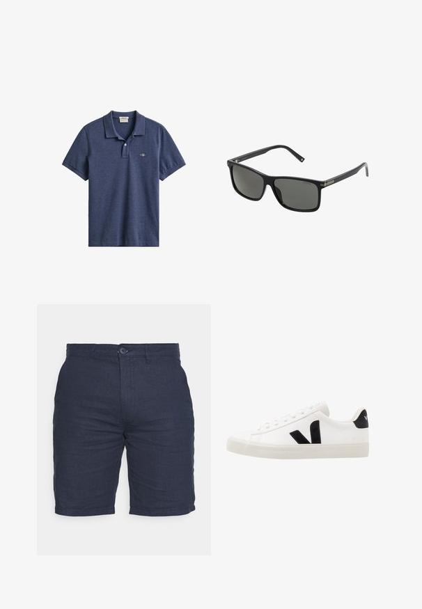 Mørkeblå kortærmet polo med krave, to-knaps stolpelukning og lille broderet logo på venstre bryst.; Mørkeblå shorts lavet af textured stof med knaplukning, har flad front og sidelommer, designet til en afslappet pasform.; Hvide lædersneakers med sorte ruskindsdetaljer; har en gummisål, rund tå og klassisk snørebåndsdesign. Side logo i sort.; Sorte plastiksig saucer med rektangulære linser, polarisede linser og metalliske detaljer på stellet for forbedret holdbarhed.