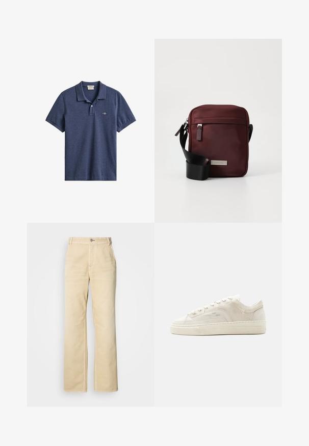 Marineblauw poloshirt met korte mouwen, kraag, twee knoppen aan de voorzijde en een klein geborduurd logo op de linkerborst.; Khaki wijde broekspijpen gemaakt van zachte katoen, met een enkele knoopsluiting, steekzakken aan de voorkant en zichtbare stiksels langs de naden.; Witte lage sneaker met vetersluiting, gestructureerd stoffen bovenwerk en dikke rubberen zool, gezien vanaf de buitenkant op een effen achtergrond.; Bordeaux schoudertas van gladde stof met hardware in zilvertint, verstelbare zwarte schouderband en een voorzak met rits. Voorzien van een logo-plaatje.