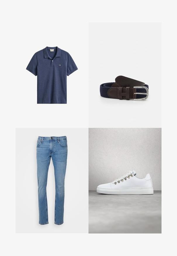 Marineblauw poloshirt met korte mouwen, kraag, twee knoppen aan de voorzijde en een klein geborduurd logo op de linkerborst.; Lichtblauwe denim jeans met een rechte pasvorm, vijf zakken, zichtbare stiksels en een lichte vervaging op de benen.; Witte leren sneakers met een gladde textuur, voorzien van gouden metalen veterogen, platte witte veters en een dikke witte zool. Minimalistisch ontwerp.; Marineblauwe geweven riem met donkerbruine leren accenten. Voorzien van een zilveren metalen gesp en een hexagonaal patroon op het textiele lichaam.