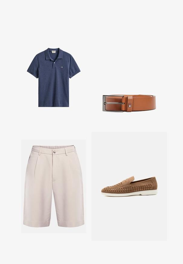 Marineblauw poloshirt met korte mouwen, kraag, twee knoppen aan de voorzijde en een klein geborduurd logo op de linkerborst.; Beige op maat gemaakte korte broek met voorplooien, riemlussen, zijzakken, knoopsluiting en een rechte zoom.; Bruine suède loafer met geweven zijkantdetails en witte rubberen zool, getoond in profiel tegen een lichtgrijze achtergrond.; Bruine leren riem met een gladde textuur, zilveren metalen gesp en een kleine logoaccent in rood, wit en blauw nabij de gesp.