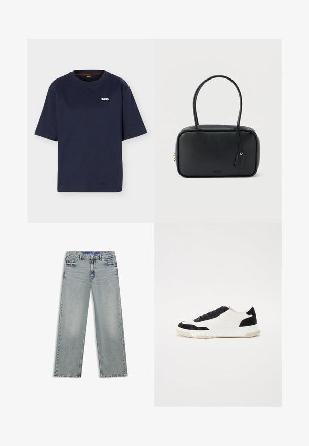 T-shirt bleu marine à manches courtes avec col rond et petit logo blanc "BOSS" sur la poitrine gauche.; Jean large bleu clair en denim, avec des zones délavées, cinq poches et une ceinture bleue à logo.; Baskets avec une tige en cuir blanc, des accents en daim noir et une semelle en caoutchouc texturé. Dotées d'un système de laçage et de détails cousus.; Sac à main rectangulaire noir avec doubles poignées arrondies, fermeture éclair dorée et logo "HUGO" embossé sur le devant avec une étiquette en cuir attachée.