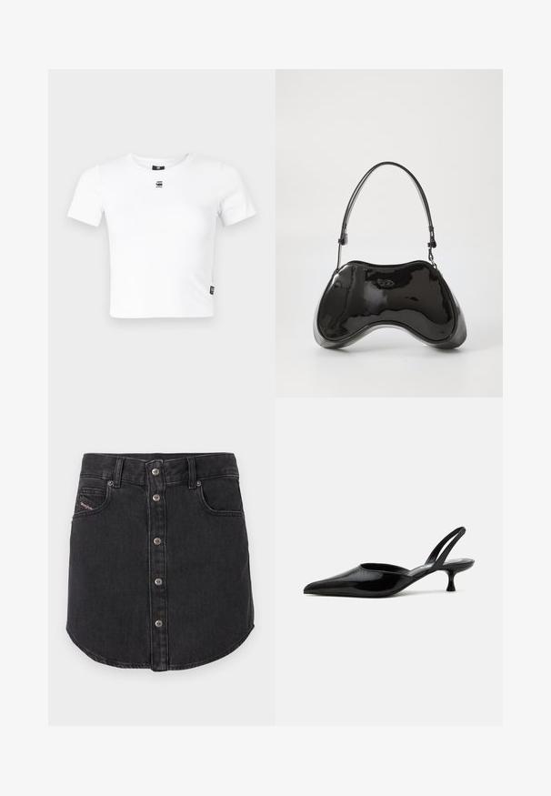 T-shirt blanc à manches courtes en coton doux, doté d'un col rond et d'un petit logo noir sur la poitrine. Détail d'étiquette sur le côté inclus.; Jupe en denim noire, courte, avec des boutons métalliques à l'avant, deux poches avant, passants de ceinture et ourlet arrondi.; Chaussure slingback à talon kitten en cuir verni noir avec bout pointu et talon bas incurvé sur fond clair uni.; Sac à main en cuir verni noir avec une forme incurvée unique, une anse courte et ajustable, et une fermeture zippée. Texture lisse avec un branding discret.