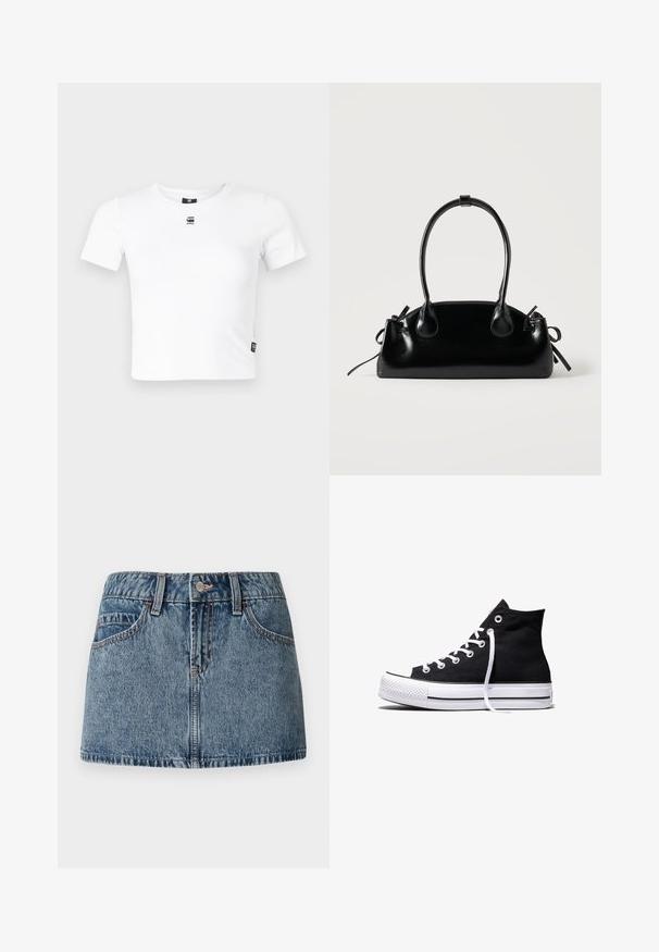 Valge lühikeste varukatega T-särk, mis on valmistatud pehmest puuvillast. Särgil on ümar kaelus ja väike must logo rinnal. Sisaldab külgtagumist detaili.; Keskmise sinise pesu denim mini-seelik, mis on varustatud kitsaste puusade, ees laikudega taskutega ja diskreetsete õmbluste detailidega. Sile, tekstureeritud kangas.; Mustad kõrge säärega lõuendist toss valge kummist tallaga ja valgete paeltega, näidatud küljelt valgel taustal.; Väike must läikiv käekott kahe pika sangaga ja külgedel paelakinnitustega, ühel lihtsal helel taustal.