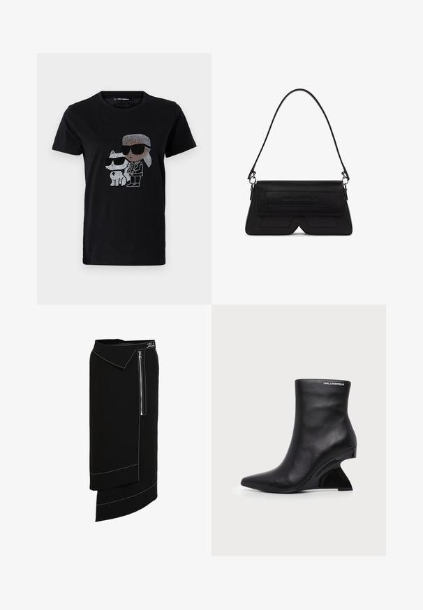 Sort bomulds T-shirt med en rhinestone grafik af en person og en hvid kat, begge iført solbriller. Rund halsudskæring og korte ærmer.; Sort midi-nederdel med bred krave, der har en sidelukning med lynlås, hvide sy-accenter og et asymmetrisk kantdesign. Glat tekstur.; Sort læderankelstøvle med buet skulptureret hæl og Karl Lagerfeld-logo nær den øverste kant på hvid baggrund.; Sort skuldertaske formet som en trapez med klap, præget logo foran og en enkelt tynd strop fastgjort med sølvringe.