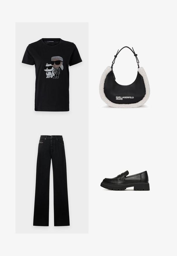 Schwarzes Baumwoll-T-Shirt mit einem Strassmotiv von einer Person und einer weißen Katze, die beide eine Sonnenbrille tragen. Runder Ausschnitt und kurze Ärmel.; Schwarze Jeans mit weitem Bein aus Denim, mit einem vorderen Knopfverschluss, fünf Taschen und einem kleinen Logopatch am Bund.; Schwarze Lederloafer mit abgerundeter Spitze, ausgestattet mit einer genähten Riemendetaillierung und einer dicken, geriffelten Gummisohle. Sauberes und minimalistisches Design.; Schwarze Handtasche mit einem weichen, weißen Kunstpelzbesatz, die eine runde Form hat und mit einem Reißverschluss geschlossen wird. Das Logo "KARL LAGERFELD JEANS" ist gut sichtbar angebracht.