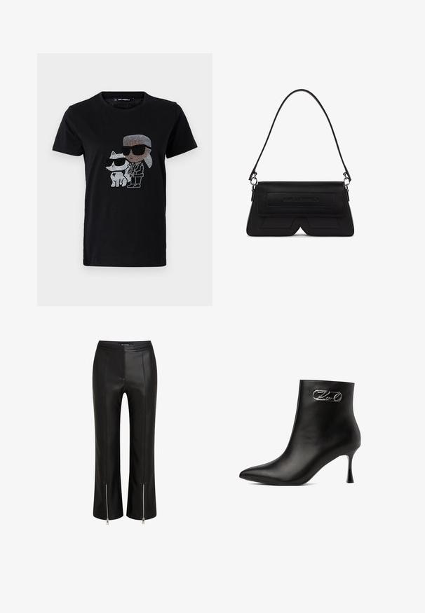 Schwarzes Baumwoll-T-Shirt mit einem Strassmotiv von einer Person und einer weißen Katze, die beide eine Sonnenbrille tragen. Runder Ausschnitt und kurze Ärmel.; Schwarze Lederhosen mit einer körpernahen Passform, ausgestattet mit Reißverschluss am Saum, flacher Front und sichtbaren Nahtdetails. Durchgehend glatte Textur.; Schwarzer Leder-Stiefelette mit spitz zulaufender Zehe, dünnem Absatz und silberner Zierschnalle an der Außenseite nahe dem oberen Rand.; Schwarze, trapezförmige Schultertasche mit Klappe, geprägt Logo auf der Vorderseite und einem einzelnen dünnen Riemen, der mit silbernen Ringen befestigt ist.