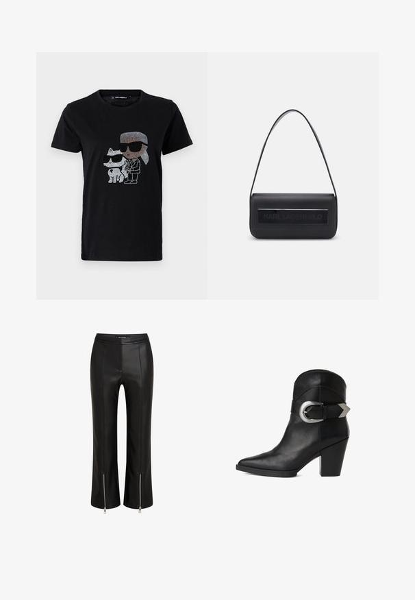 Schwarzes Baumwoll-T-Shirt mit einem Strassmotiv von einer Person und einer weißen Katze, die beide eine Sonnenbrille tragen. Runder Ausschnitt und kurze Ärmel.; Schwarze Lederhosen mit einer körpernahen Passform, ausgestattet mit Reißverschluss am Saum, flacher Front und sichtbaren Nahtdetails. Durchgehend glatte Textur.; Schwarze Leder-Stiefelette mit spitzer Zehe, klobigem Absatz und einem breiten Riemen mit einer kreisförmigen silbernen Schnalle an der Seite. Glatte Textur.; Schwarze Ledertasche mit einem einzigen Schulterriemen, rechteckiger Form, ausgestattet mit einem strukturierten Feld mit dem prägten "KARL LAGERFELD" Logo auf der Vorderseite.