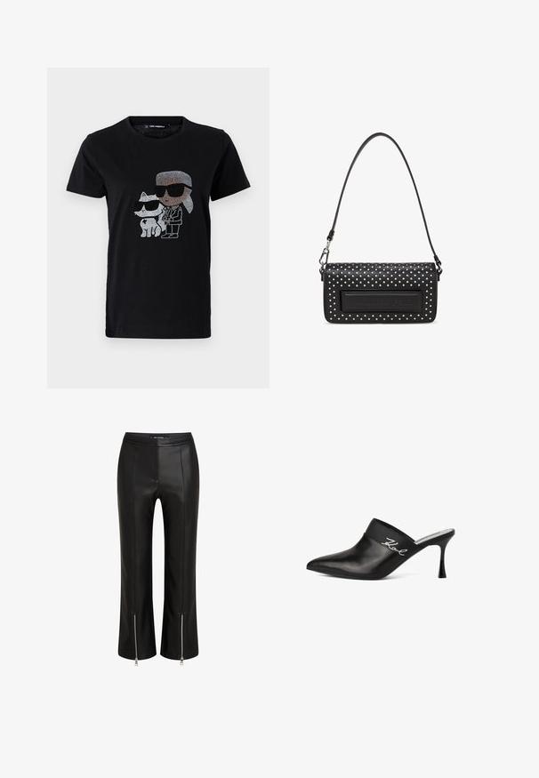 T-shirt en coton noir avec un graphique en strass d'une personne et d'un chat blanc, tous deux portant des lunettes de soleil. Encolure ronde et manches courtes.; Pantalons en cuir noir à la coupe ajustée, avec des ourlets zippés, une taille plate et des détails de couture visibles. Texture lisse sur l'ensemble.; Mule en cuir noir avec un petit bout pointu et un talon aiguille. Il présente une large bande avec des détails en script argenté sur le côté. Texture lisse.; Sac à main en cuir noir avec une surface texturée, orné de clous blancs, présentant un panneau plat avec un logo embossé et une fine bandoulière.