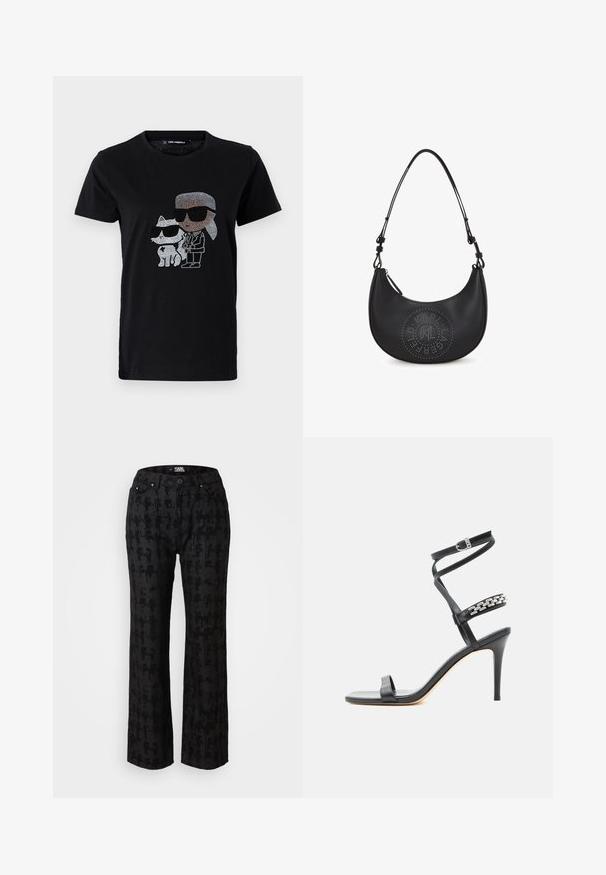 Sort bomulds T-shirt med en rhinestone grafik af en person og en hvid kat, begge iført solbriller. Rund halsudskæring og korte ærmer.; Sorte bukser med et subtilt mønster, lige snit, fem lommer og med knaplukning foran. Lavet af et glat stof for komfort.; Sort højhælet sandal med tynd ankelrem, midtfodsrem dekoreret med sølvkædeled og åben tå-design.; Sort læder skuldertaske med en buet form, prydet med perforeret logo-detajle på forsiden og en tynd justerbar rem. Lynlåslukning.