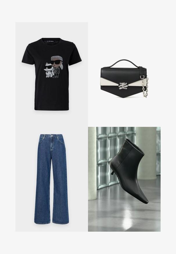 T-shirt en coton noir avec un graphique en strass d'une personne et d'un chat blanc, tous deux portant des lunettes de soleil. Encolure ronde et manches courtes.; Jeans en denim bleu à jambe large avec une taille haute, dotés de poches avant et d'une fermeture à un bouton. Tissu texturé avec des coutures visibles.; Bottine en cuir noir à bout pointu et petit talon kitten, présentée en angle devant un sol poli et un mur en blocs de verre.; Sac à main en cuir noir et blanc avec poignée supérieure, bandoulière en chaîne argentée et fermeture décorative argentée sur le rabat avant.