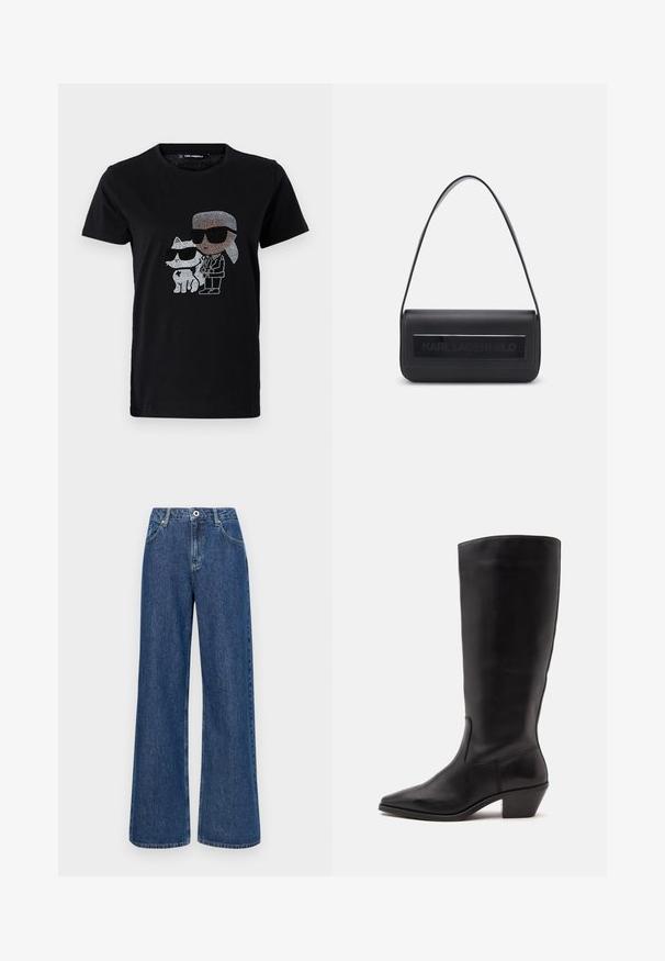 T-shirt en coton noir avec un graphique en strass d'une personne et d'un chat blanc, tous deux portant des lunettes de soleil. Encolure ronde et manches courtes.; Jeans en denim bleu à jambe large avec une taille haute, dotés de poches avant et d'une fermeture à un bouton. Tissu texturé avec des coutures visibles.; Botte en cuir noire mi-mollet avec un bout pointu et un talon bas incliné sur un fond clair uni.; Sac à main en cuir noir avec une seule bandoulière, de forme rectangulaire, doté d'un panneau texturé avec le logo "KARL LAGERFELD" en relief à l'avant.