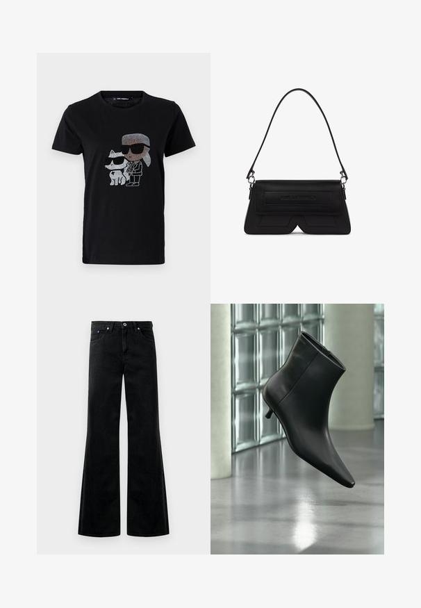 T-shirt en coton noir avec un graphique en strass d'une personne et d'un chat blanc, tous deux portant des lunettes de soleil. Encolure ronde et manches courtes.; Jean flare noir en denim, taille haute, avec un design à cinq poches et des détails de couture visibles. Texture lisse avec un léger éclat.; Bottine en cuir noir à bout pointu et petit talon kitten, présentée en angle devant un sol poli et un mur en blocs de verre.; Sac d'épaule noir en forme de trapèze avec rabat, logo embossé sur le devant et une seule fine bandoulière attachée par des anneaux argentés.