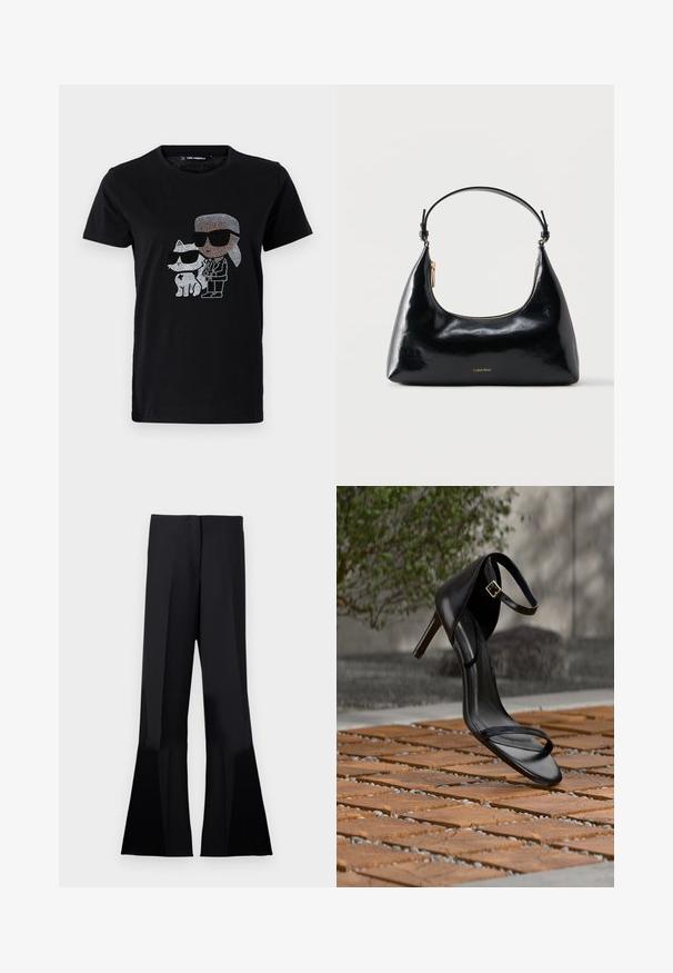 Schwarzes Baumwoll-T-Shirt mit einem Strassmotiv von einer Person und einer weißen Katze, die beide eine Sonnenbrille tragen. Runder Ausschnitt und kurze Ärmel.; Schwarze ausgestellte Hosen mit einer glatten Textur, die einen hohen Bund und scharfe Falten aufweisen, die bis zu den ausgestellten Hosenbeinen reichen.; Schwarze Sandalette mit hohem Absatz und Knöchelriemen schwebt über einem Holzboden im Freien vor verschwommenem Grün und Steinhintergrund.; Schwarze, glänzende Calvin Klein Handtasche mit goldfarbenem Reißverschluss und kurzem Trageriemen vor schlichtem weißem Hintergrund.