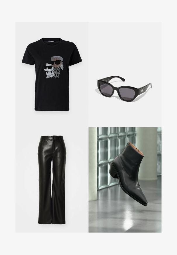 Sort bomulds T-shirt med en rhinestone grafik af en person og en hvid kat, begge iført solbriller. Rund halsudskæring og korte ærmer.; Sorte bukser i bredt snit af imiteret læder med en glat tekstur, lynlås foran og bæltestropper; minimalistisk design uden synlige mønstre eller detaljer.; Sort læderankelstøvle med spids tå og blokhæl, der svæver over en reflekterende grå gulv nær en væg af glasblokke.; Sorte solbriller med et strømlinet, vinklet design, mørke linser og et kontrasterende sølvlogo på siden. Glat plastoverflade.