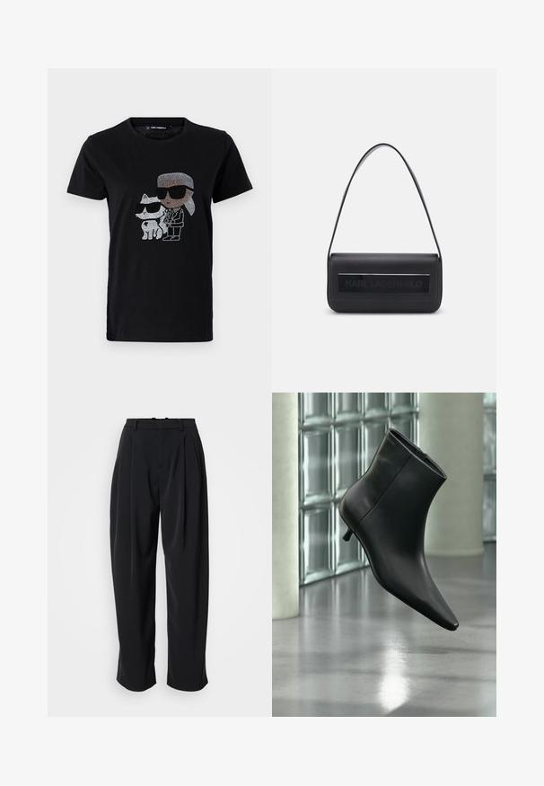 Schwarzes Baumwoll-T-Shirt mit einem Strassmotiv von einer Person und einer weißen Katze, die beide eine Sonnenbrille tragen. Runder Ausschnitt und kurze Ärmel.; DRYKORN INK - Stoffhose - black; Schwarzer Leder-Stiefelette mit spitzer Zehenpartie und niedrigem Kitten-Heel, schräg dargestellt vor einem polierten Boden und einer Glasbausteinwand.; Schwarze Ledertasche mit einem einzigen Schulterriemen, rechteckiger Form, ausgestattet mit einem strukturierten Feld mit dem prägten "KARL LAGERFELD" Logo auf der Vorderseite.