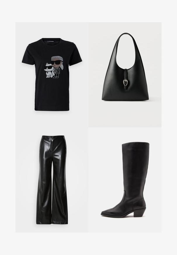 Schwarzes Baumwoll-T-Shirt mit einem Strassmotiv von einer Person und einer weißen Katze, die beide eine Sonnenbrille tragen. Runder Ausschnitt und kurze Ärmel.; Schwarze Lederweite-Hosen mit glatter Textur, hohem Bund und verdecktem Reißverschluss an der Vorderseite. Maßgeschneiderte Passform mit sauberem Finish.; Schwarzer Lederstiefel bis zur Wade mit spitzer Spitze und niedrigem schrägem Absatz vor einfachem hellem Hintergrund.; Schwarze Lederhandtasche mit einem einzelnen Griff und einem Verschlussriemen mit silberner Schnalle vor weißem Hintergrund.
