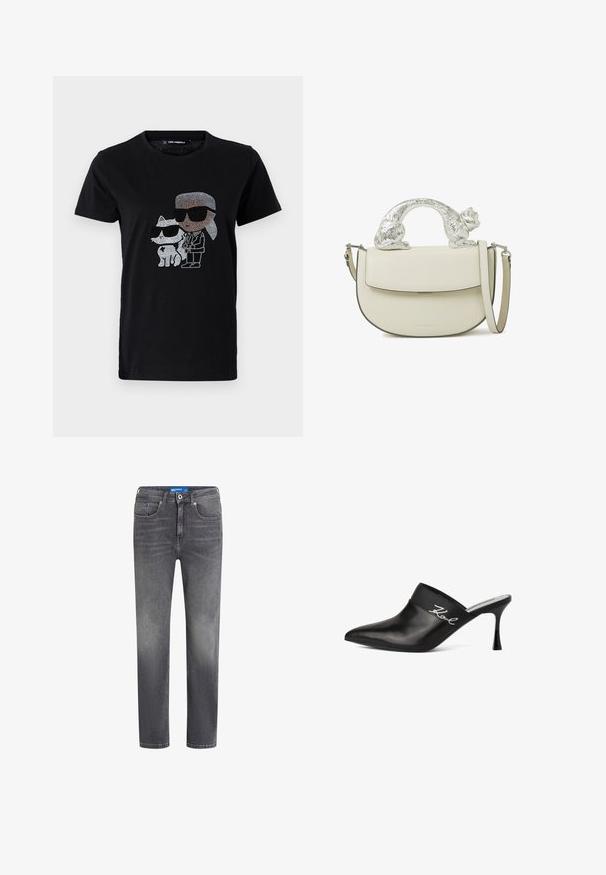 Sort bomulds T-shirt med en rhinestone grafik af en person og en hvid kat, begge iført solbriller. Rund halsudskæring og korte ærmer.; Grå denim jeans med lige snit, fem lommer og en klassisk lynlås. Har subtile falmninger og et mærket taljebånd.; Sort lædermule med spids tå og stilettohæl. Har et bredt bånd med sølvskrift detaljeret på siden. Glat overflade.; Kremet læder crossbody-taske med klap og et sølvfarvet katteformet håndtag, der buer over toppen, med en justerbar skulderrem.