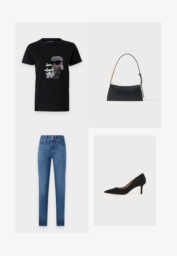 Schwarzes Baumwoll-T-Shirt mit einem Strassmotiv von einer Person und einer weißen Katze, die beide eine Sonnenbrille tragen. Runder Ausschnitt und kurze Ärmel.; Hoch geschnittene blaue Jeans aus Denim mit schlanker Passform, featuring zwei Knöpfe am Bund, Fünf-Taschen-Design und einer glatten Textur.; Schwarzer Wildleder-Pumps mit spitzer Zehenpartie, mittelhohem Stilettoabsatz und hellbrauner Innensohle auf hellem Hintergrund.; Schwarze Lederhandtasche mit goldenem Reißverschluss und verstellbarem Riemen mit goldenen rechteckigen Details auf weißem Hintergrund.