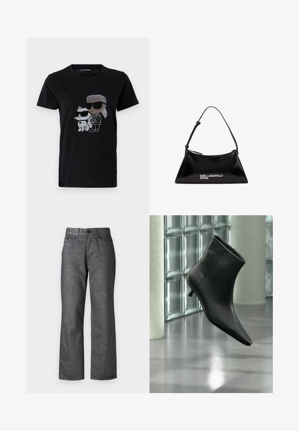 Sort bomulds T-shirt med en rhinestone grafik af en person og en hvid kat, begge iført solbriller. Rund halsudskæring og korte ærmer.; Grå denim jeans med en let glans, lige ben design, fem lommer, knaplukning og synlige søm detaljer.; Sort læderankelstøvle med spids tå og lav kitten-hæ, vist vinklet mod en poleret gulv- og glasblokvæg.; Sort patentlæder håndtaske med en triangular form, der har en top lynlås og justerbar rem. Logoet "KARL LAGERFELD JEANS" i sølv.