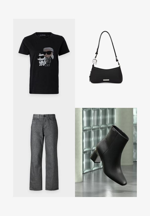 Sort bomulds T-shirt med en rhinestone grafik af en person og en hvid kat, begge iført solbriller. Rund halsudskæring og korte ærmer.; Grå denim jeans med en let glans, lige ben design, fem lommer, knaplukning og synlige søm detaljer.; Sort læderankelstøvle med blokhæl, DKNY-logo nær toppen, vist foran en glasblokvæg og poleret betongulv.; Sort skuldertaske med buet bund, justerbar rem, metal logo-plakette og sølvvedhæng formet som et ansigt med solbriller.