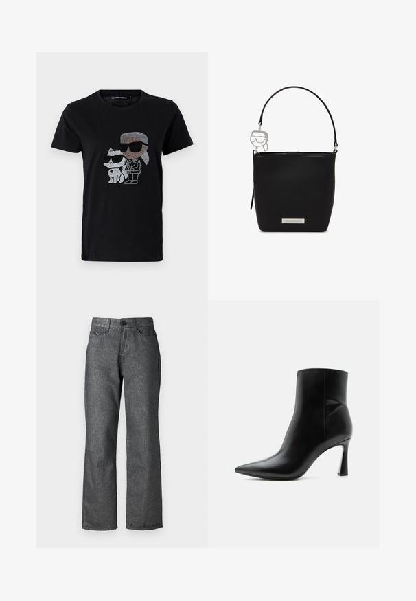 Sort bomulds T-shirt med en rhinestone grafik af en person og en hvid kat, begge iført solbriller. Rund halsudskæring og korte ærmer.; Grå denim jeans med en let glans, lige ben design, fem lommer, knaplukning og synlige søm detaljer.; Sort læderankelstøvle med spids tå og slank, høj stilet hæl, vist i sideprofil på hvid baggrund.; Sort spandformet håndtaske med kort hank og en sølvcharme formet som et ansigt med solbriller, med en Karl Lagerfeld-logo plade.