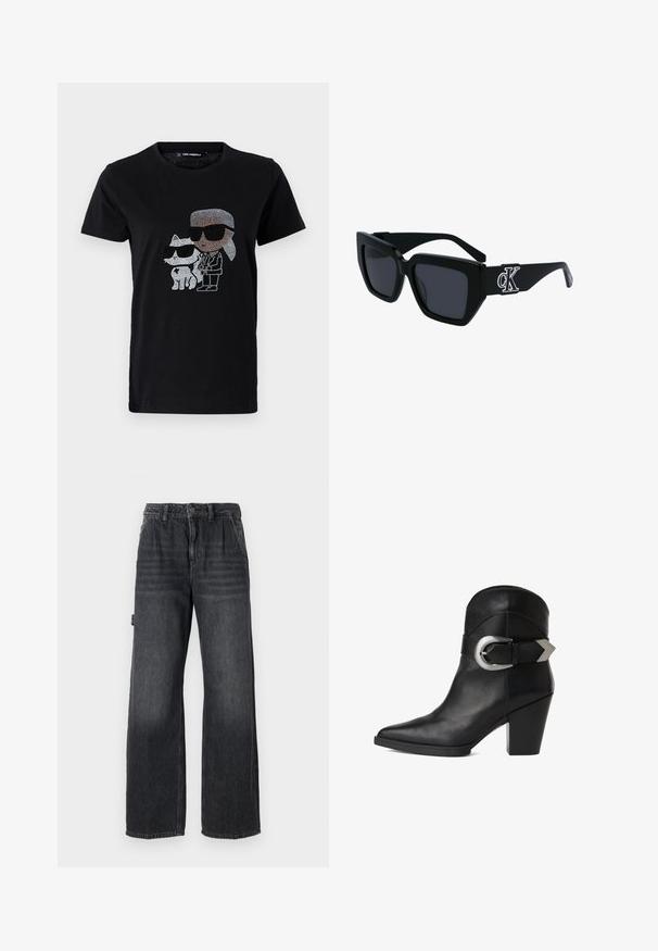 Sort bomulds T-shirt med en rhinestone grafik af en person og en hvid kat, begge iført solbriller. Rund halsudskæring og korte ærmer.; Bredde bukser i mørkegrå denim med høj talje, forlommer og diskret slidmærker på lårene. Kontrastsyning.; Sort læder ankelsko med spidse tæer, kraftig hæl og en bred rem med en cirkulær sølvspænde på siden. Glat tekstur.; Sorte solbriller med firkantet stel, mørke linser, mat overflade og detalje med sølv CK-logo på stængerne.