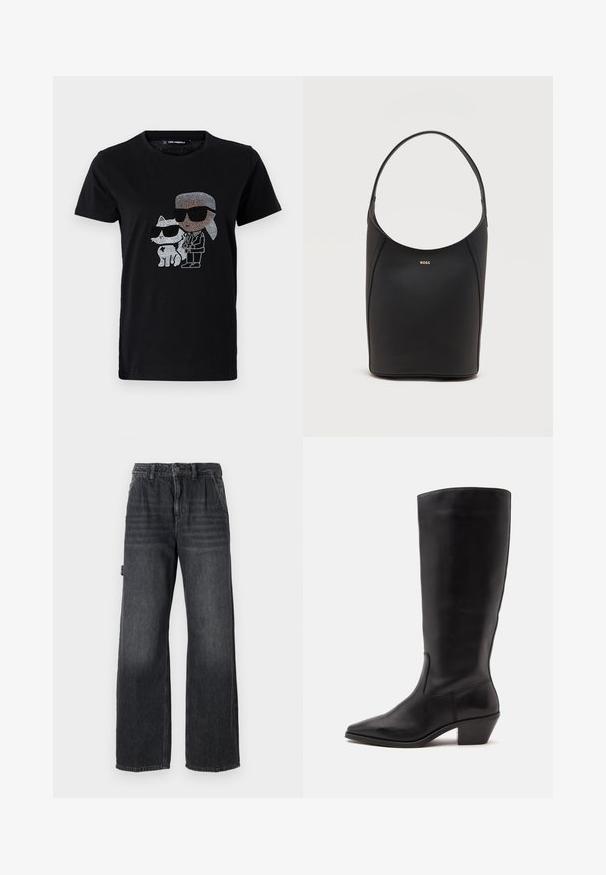 Schwarzes Baumwoll-T-Shirt mit einem Strassmotiv von einer Person und einer weißen Katze, die beide eine Sonnenbrille tragen. Runder Ausschnitt und kurze Ärmel.; Weite Jeans aus dunkelgrauem Denim, mit hoher Taille, Fronttaschen und dezenten Waschungen an den Oberschenkeln. Kontrastierende Nähte.; Schwarzer Lederstiefel bis zur Wade mit spitzer Spitze und niedrigem schrägem Absatz vor einfachem hellem Hintergrund.; Schwarze Leder-Bucket-Bag mit einem einzelnen Schulterriemen und kleinem goldfarbenem BOSS-Logo, zentriert nahe der oberen Vorderseite.