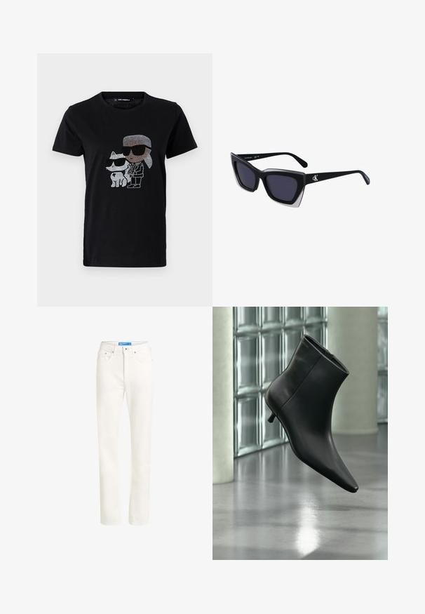 Schwarzes Baumwoll-T-Shirt mit einem Strassmotiv von einer Person und einer weißen Katze, die beide eine Sonnenbrille tragen. Runder Ausschnitt und kurze Ärmel.; Helle beige Jeans aus Denim mit geradem Bein, Fünf-Taschen-Design, vorderer Knopfverschluss und gesteppten Details entlang der Nähte.; Schwarzer Leder-Stiefelette mit spitzer Zehenpartie und niedrigem Kitten-Heel, schräg dargestellt vor einem polierten Boden und einer Glasbausteinwand.; Schwarze übergroße Sonnenbrille mit geometrischer Form, ausgestattet mit dunklen Gläsern und einem kontrastierenden grauen Detail im Rahmen. Logo am Bügel.