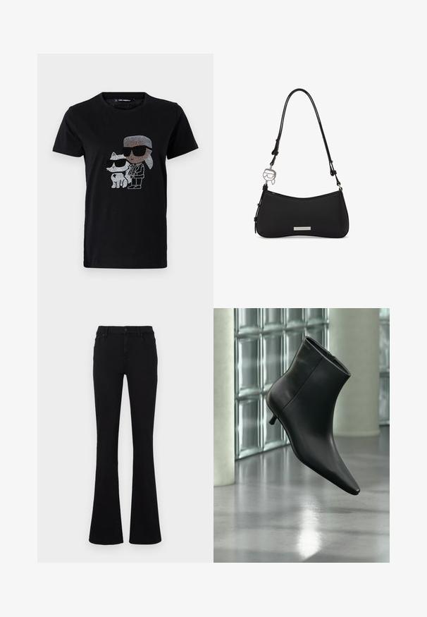 Zwarte katoenen t-shirt met een rhinestone grafiek van een persoon en een witte kat, beide met een zonnebril. Ronde halslijn en korte mouwen.; Zwarte flared jeans gemaakt van een katoenmengsel. Voorzien van een knoopsluiting, riemlussen en voorzakken. Soepele textuur met lichte rek.; Zwarte leren enkellaars met spits toelopende neus en lage kittenhak, schuin weergegeven tegen een gepolijste vloer en een glazen blokken muur als achtergrond.; Zwarte schoudertas met gebogen onderkant, verstelbare riem, metalen logoplaatje en zilveren bedel in de vorm van een gezicht met een zonnebril.
