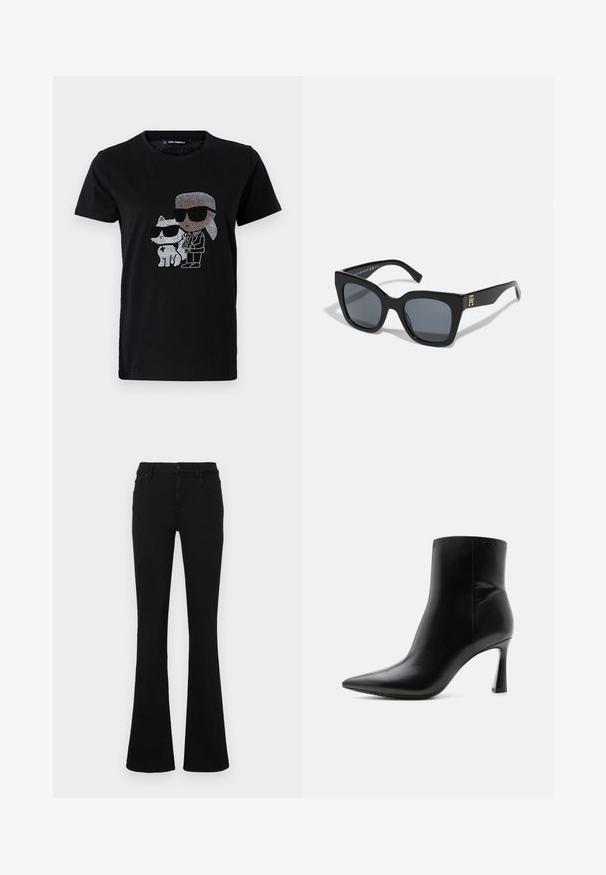 Sort bomulds T-shirt med en rhinestone grafik af en person og en hvid kat, begge iført solbriller. Rund halsudskæring og korte ærmer.; Sorte flare jeans lavet af bomuldsblanding. Med knappelukning, bæltestropper og forlommer. Glat tekstur med let stretch.; Sort læderankelstøvle med spids tå og slank, høj stilet hæl, vist i sideprofil på hvid baggrund.; Sorte solbriller med en markant firkantet form, der har mørke linser og en guld-logo detalje på det ene arm. Fremstillet af glansfuldt plastmateriale.