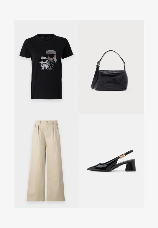 Schwarzes Baumwoll-T-Shirt mit einem Strassmotiv von einer Person und einer weißen Katze, die beide eine Sonnenbrille tragen. Runder Ausschnitt und kurze Ärmel.; Beige weite Bein-Hosen aus Baumwolle mit Falten, einem Knopfverschluss und seitlichen Taschen, mit einer glatten und weichen Textur.; Schwarze Lackleder Slingback-Pumps mit einer spitzen Zehe und goldfarbener Hardware am Riemen, ausgestattet mit einem Blockabsatz. Glatte Textur.; Schwarze Schultertasche aus krokodilprägtem Leder mit Tragegriff oben und Logodruck auf der Vorderseite.