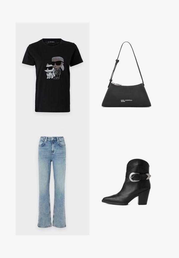 Sort bomulds T-shirt med en rhinestone grafik af en person og en hvid kat, begge iført solbriller. Rund halsudskæring og korte ærmer.; Lyseblå flared jeans lavet af denim, med knaplukning, fem lommer og diskret falmning for et slidt udseende.; Sort læder ankelsko med spidse tæer, kraftig hæl og en bred rem med en cirkulær sølvspænde på siden. Glat tekstur.; Sort læderhandtaske med trekantet form, der har en sølvlynlås, hvidt syning og et "KARL LAGERFELD JEANS" logo foran.