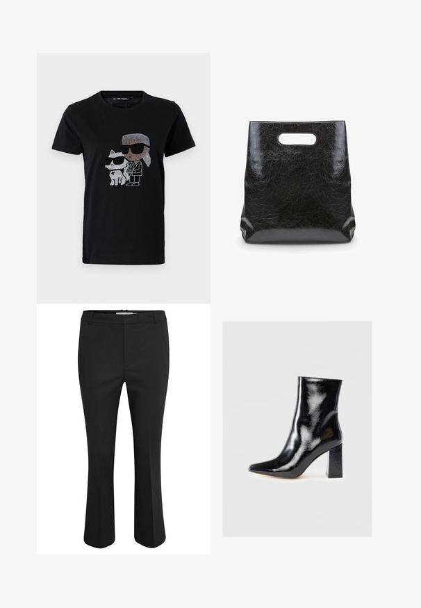 Sort bomulds T-shirt med en rhinestone grafik af en person og en hvid kat, begge iført solbriller. Rund halsudskæring og korte ærmer.; Sorte bukser med lige ben, lavet af et glat stof. Har sidelommer og en mellembred linning, skræddersyet pasform.; Sorte ankelstøvler lavet af glansfuld patentlæder med spids tå og chunky firkantet hæl. Glat tekstur med en højglansfinish.; Sort, tekstureret tote-taske med en krøllet finish og et udskåret håndtag. Har en rektangulær form med en flad bund for stabilitet.