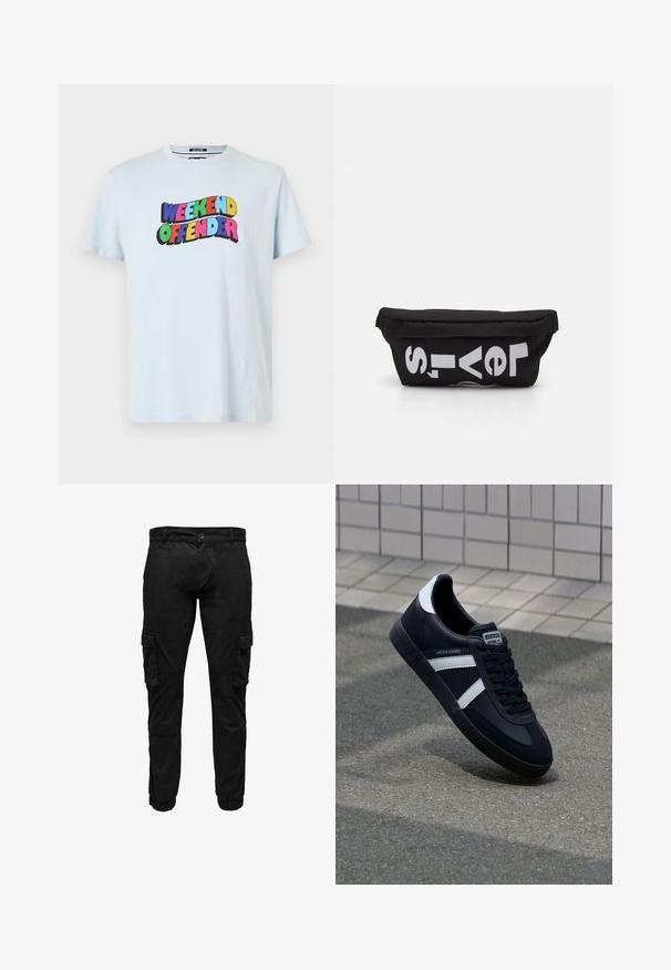 Hellblaues Baumwoll-T-Shirt mit einem bunten "WEEKEND OFFENDER"-Grafikdruck über der Brust in fetten, verspielten Schriftarten.; Schwarze Cargohosen mit seitlichen Klappentaschen, elastischen Bündchen, vorne mit Knöpfen und Reißverschluss.; Schwarze Leder-Sneaker mit weißen Streifen, strukturiertem Gummisohle und Schnürung. Verfügt über ein Markenetikett auf der Zunge.; Schwarze Stofftasche mit flacher Form, mit fettgedrucktem weißen Text. Der Reißverschluss befindet sich oben, mit einer Schlaufe an einer Seite.