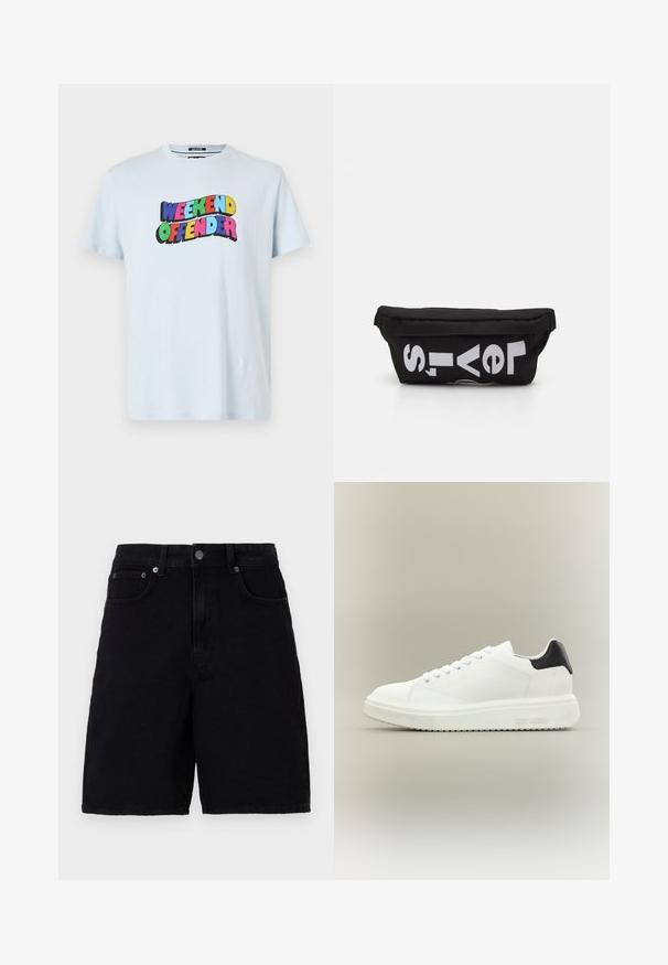 Lyseblå bomulds-t-shirt med et multicoloreret "WEEKEND OFFENDER" grafik trykt hen over brystet i fede, legende skrifttyper.; Sorte denim shorts med klassisk fem-lomme design, der har en knappelukning og lige ben. Stoffet har en glat tekstur.; Hvid lav sneakers med tyk sål, snørelukning foran og sort hælstrop, mærket med "Steve Madden" på siden af sålen.; Sort stoftaske med flad form, prydet med fed hvid tekst. Lynlåsen er placeret øverst, med en løkke detalje på den ene side.