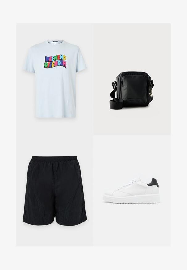 Ανοιχτό μπλε βαμβακερό t-shirt με ένα πολύχρωμο γραφικό "WEEKEND OFFENDER" εκτυπωμένο στο στήθος με έντονα, παιχνιδιάρικα γράμματα.; Μαύρες σορτς κατασκευασμένες από ελαφρύ, υφασμάτινο υλικό, με ελαστική μέση και πλευρικές προσαρμογές για μια κομψή εμφάνιση.; Λευκό δερμάτινο αθλητικό παπούτσι με μαύρη ταμπέλα στην φτέρνα, επίπεδους κορδόνια, υφή στη μεσαία σόλα και γραφιστική στην εξωτερική πλευρά. Σχεδιασμένο για casual χρήση.; Μαύρη συμπαγής τσάντα χιαστί με εμπρόσθια τσέπη με φερμουάρ, ρυθμιζόμενο λουρί και υφή υφάσματος σε απλό φόντο.