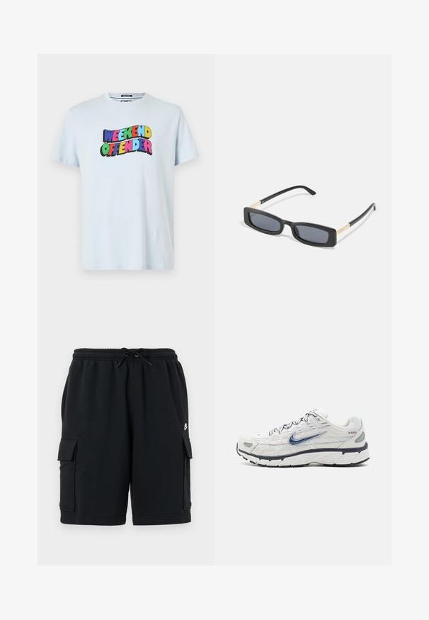 Lyseblå bomulds-t-shirt med et multicoloreret "WEEKEND OFFENDER" grafik trykt hen over brystet i fede, legende skrifttyper.; Sorte cargoshorts i bomuld med elastisk talje og snøre, der har to sidelommer og et lille logo.; Nike Sportswear P 6000 - Sneakers - phantom/obsidian/summit white/white/black/metallic silver; Rektangulære sorte solbriller med mørke linser. Slanke, flade arme har en guldfarvet detalje. Glat plastisk ramme med mat finish.