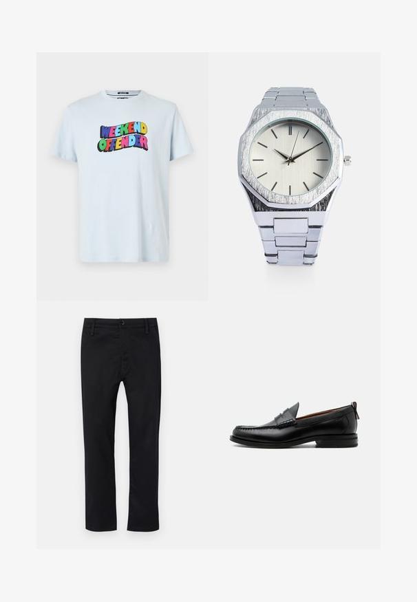 Hellblaues Baumwoll-T-Shirt mit einem bunten "WEEKEND OFFENDER"-Grafikdruck über der Brust in fetten, verspielten Schriftarten.; Schwarze Hose aus glattem Stoff, mit flachem Frontschnitt, normaler Taille mit Gürtelschlaufen und geradem Bein. Klassiker ohne Muster.; Schwarzer Leder-Herrenschuh mit Mokassinnaht, Penny-Riemen, strukturiertem Kragen und niedrigem gestapeltem Absatz auf weißem Hintergrund.; Silberne Edelstahl-Armbanduhr mit achteckigem Gehäuse, gebürsteter Oberfläche, minimalistischem hellsilbernen Zifferblatt und schwarzen Stundenmarkern. Metall-Armband.