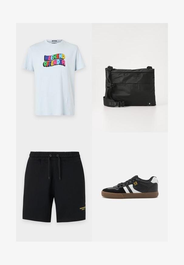 T-shirt en coton bleu clair présentant un graphique multicolore "WEEKEND OFFENDER" imprimé sur la poitrine avec des polices en gras et ludiques.; Shorts noirs en coton avec une taille élastique, un cordon de serrage, et un accent de texte jaune sur le bas de la jambe gauche.; Baskets noir et blanc avec une tige en daim et en cuir, présentant des rayures blanches, des lacets noirs et une semelle en caoutchouc marron. Accents de logo dorés.; Sac messager en nylon noir avec une sangle réglable, un design plat et une étiquette latérale arborant un logo. Texture lisse et style minimaliste.