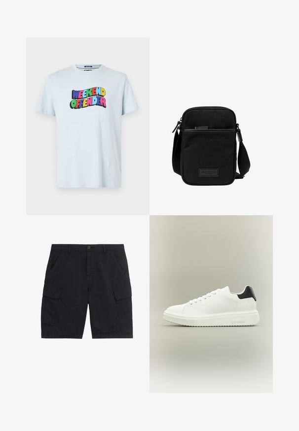 T-shirt en coton bleu clair présentant un graphique multicolore "WEEKEND OFFENDER" imprimé sur la poitrine avec des polices en gras et ludiques.; Shorts cargo noirs avec bouton et fermeture éclair à l'avant, deux poches latérales, deux poches cargo à rabat et passants pour ceinture.; Baskets basses blanches avec une semelle épaisse, fermeture à lacets sur le devant et languette de talon noire, marquées "Steve Madden" sur la semelle latérale.; Sac bandoulière en tissu noir avec un compartiment principal zippé, des accents en cuir, une poche avant et une sangle réglable. Logo Marc O'Polo visible.