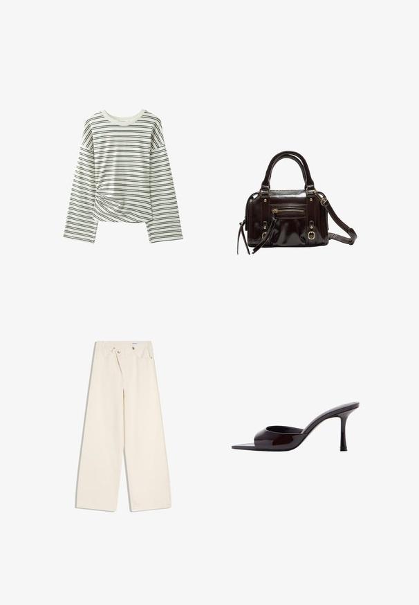 Langärmliges weißes Hemd mit schwarzen horizontalen Streifen und einer leichten diagonalen Stofffalte nahe dem unteren Saum, auf weißem Hintergrund dargestellt.; Off-White weite Hosen mit Vordertaschen, Gürtelschlaufen und silbernen Knöpfen an Bund und Taschenrändern.; Schwarzer Lackleder-Pantolette mit offenem Zeh, schlankem mittelhohem Stiletto-Absatz und niedrigem oberen Riemen.; Kleine glänzende dunkelbraune Lederhandtasche mit zwei Griffen, vorderer Reißverschlusstasche, Schnallenakzenten und abnehmbarem Schulterriemen.