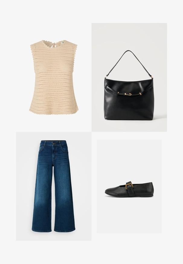 Top en tricot beige avec un tissage texturé et ouvert. Présente un col festonné, des liens à l'arrière et des manches courtes.; Jean large en denim bleu foncé. Doté d'une taille haute, d'une fermeture à bouton et d'un design classique à cinq poches avec une légère décoloration.; Chaussure plate en cuir noir avec une large bride et une grande boucle dorée sur un fond blanc uni.; Sac à épaule en cuir noir avec une bandoulière unique et un petit détail de boucle dorée à l'avant, sur un fond clair uni.