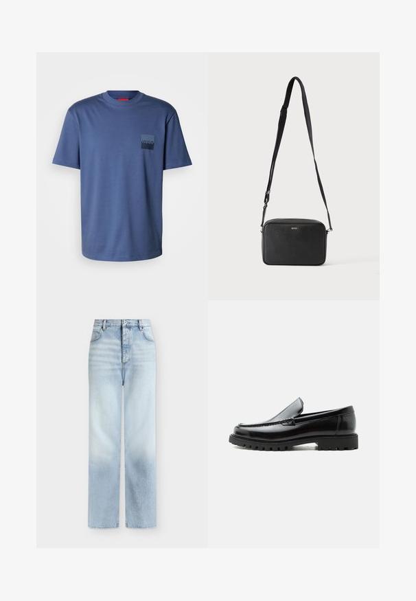 Camiseta de manga corta azul, hecha de suave algodón, con un bolsillo cuadrado que lleva un logo azul oscuro. Diseño clásico de cuello redondo.; Vaqueros azul claro de talle alto y pierna recta con bolsillos delanteros, trabillas para cinturón y cierre de botón.; Mocasín de cuero negro con suela de goma gruesa, empeine cosido y nombre de la marca en relieve en el talón, mostrado en perfil lateral sobre fondo blanco.; Bolso bandolera rectangular negro con correa ajustable y logo BOSS en la parte delantera, sobre un fondo claro liso.