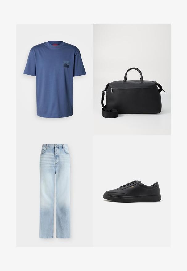 Camiseta de manga corta azul, hecha de suave algodón, con un bolsillo cuadrado que lleva un logo azul oscuro. Diseño clásico de cuello redondo.; Vaqueros azul claro de talle alto y pierna recta con bolsillos delanteros, trabillas para cinturón y cierre de botón.; Zapatillas de cuero negro con una textura suave, punta redondeada, suela plana de goma y cordones a tono. Presentan el logotipo dorado "BOSS" en el lateral.; Bolsa de viaje de cuero negro con dos asas superiores, una correa de hombro desmontable y un bolsillo frontal con cremallera para almacenamiento adicional.