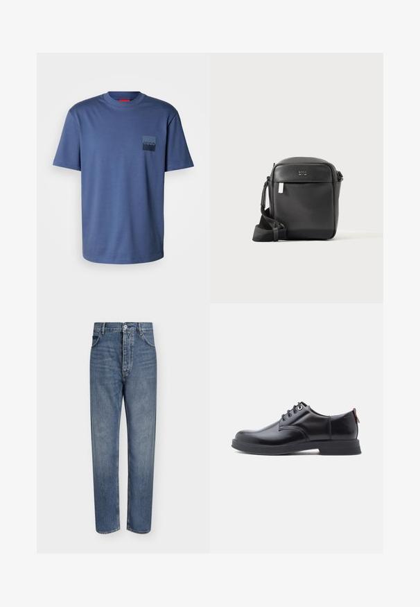 T-shirt bleu à manches courtes fabriqué en coton doux, avec une poche carrée ornée d'un logo bleu marine. Design classique à col rond.; Jean droit en denim bleu avec taille haute, fermeture à boutons sur le devant et design à cinq poches sur un fond clair uni.; Chaussures en cuir noir à lacets avec une texture lisse, un bout arrondi et des détails de couture discrets. Présentent une languette rouge à l'arrière.; Sac bandoulière en cuir noir texturé avec poche avant et sangle réglable, présenté sur un fond clair uni.