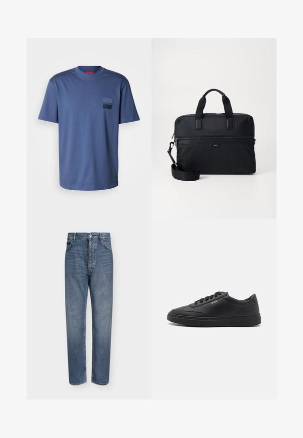 Blauw T-shirt met korte mouwen, gemaakt van zachte katoen, met een vierkante zak en een donkerblauw logo. Klassiek ontwerp met ronde hals.; Blauwe denim jeans met rechte pijpen, hoge taille, knoopsluiting aan de voorkant en vijfzakkenontwerp op een effen lichte achtergrond.; Zwarte leren sneakers met een gladde textuur, ronde neus, platte rubberen zool en tonale veters. Kenmerkt zich door de gouden "BOSS" branding aan de zijkant.; Zwarte nylon laptoptas met twee handvatten, een afneembare schouderriem, een ritsvak en subtiele branding. Gestructureerd oppervlak met een slank ontwerp.