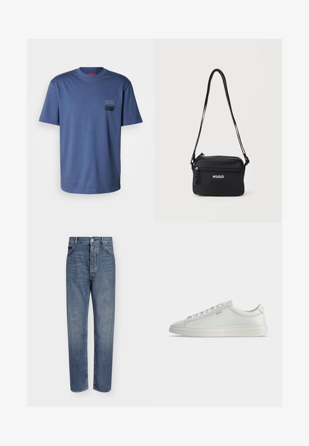Blaues kurzärmliges T-Shirt aus weicher Baumwolle, mit einer quadratischen Tasche und einem dunkelblauen Logo. Klassisches Rundhalsdesign.; Gerade geschnittene blaue Jeans aus Denim mit hoher Taille, Frontknopfverschluss und Fünf-Taschen-Design auf einem schlichten hellen Hintergrund.; Weißer Leder-Sneaker in niedriger Ausführung mit Schnürsenkeln, flacher Sohle und kleinem goldfarbenem "BOSS" Logo an der Seite, von der Außenseite betrachtet.; Schwarze rechteckige Umhängetasche mit vorderer Reißverschlusstasche, "HUGO"-Logo und verstellbarem Riemen vor weißem Hintergrund.
