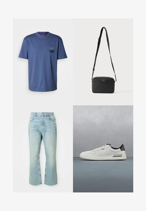 Blaues kurzärmliges T-Shirt aus weicher Baumwolle, mit einer quadratischen Tasche und einem dunkelblauen Logo. Klassisches Rundhalsdesign.; Hellblaue, ausgestellte Jean mit hoher Taille, ausgestattet mit fünf Taschen, Gürtelschlaufen und einem ausgewaschenen Denim-Look.; Weißer Sneaker mit niedrigem Schnitt und schwarzer Ferse, Schnürverschluss, dezenten Perforationen und "BOSS"-Logo an der Seite, gezeigt von der äußeren Seitenansicht.; Schwarze rechteckige Umhängetasche mit verstellbarem Riemen und BOSS-Logo auf der Vorderseite, vor einem einfarbigen hellen Hintergrund.