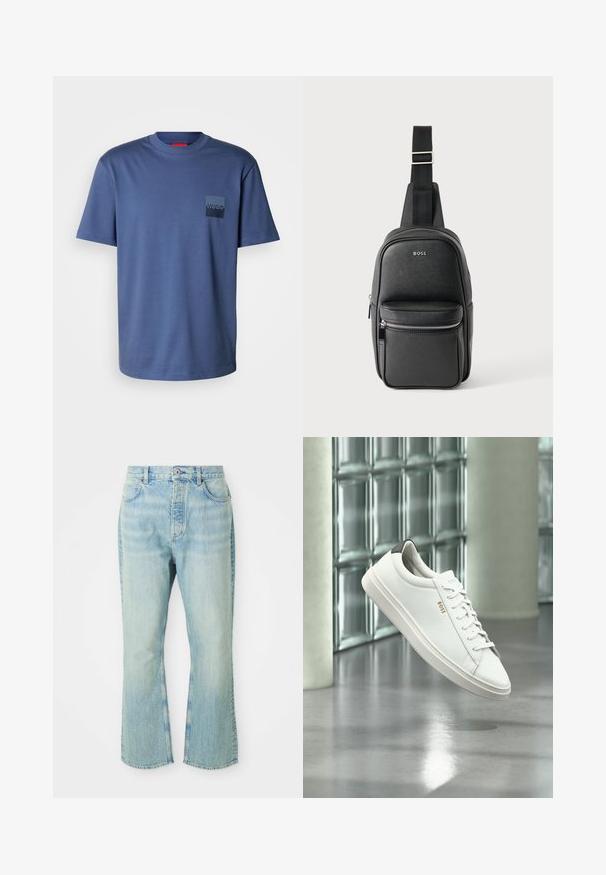 Blaues kurzärmliges T-Shirt aus weicher Baumwolle, mit einer quadratischen Tasche und einem dunkelblauen Logo. Klassisches Rundhalsdesign.; Hellblaue, ausgestellte Jean mit hoher Taille, ausgestattet mit fünf Taschen, Gürtelschlaufen und einem ausgewaschenen Denim-Look.; Weißer Leder-Low-Top-Sneaker mit Schnürsenkeln, schwarzer Fersenschlaufe und „BOSS“-Logo, der drinnen nahe einer Glassteinwand und einem polierten Boden schwebt.; Schwarze Leder-Umhängetasche mit verstellbarem Riemen, vorderer Reißverschlusstasche und „BOSS“-Logo auf glatter strukturierter Oberfläche.